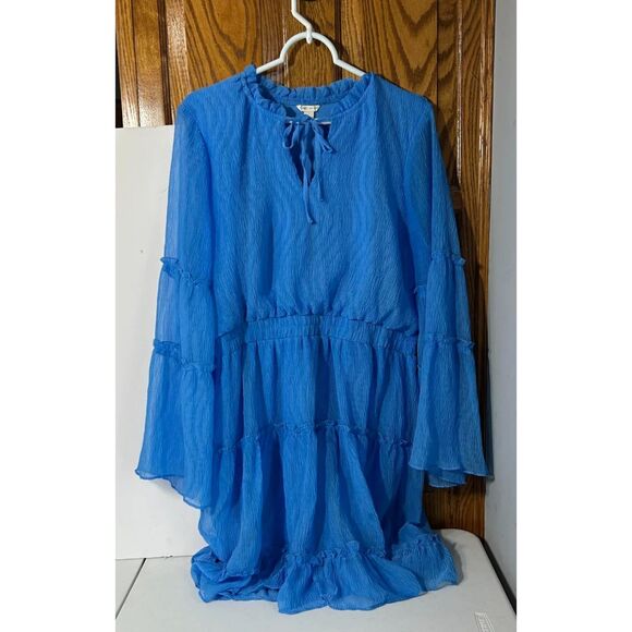 Women’s Dress Size L Blue Long Bell Sleeve Tiered Ruffle Boho Peasant Style - Picture 1 of 7